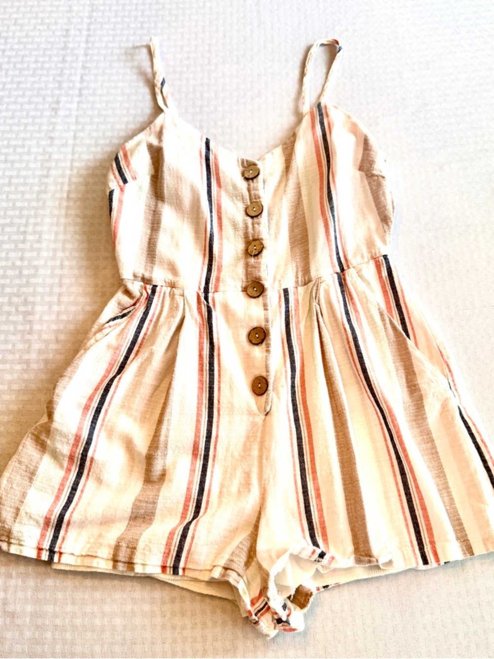 Lily Rose Striped Linen Blend Romper Small Ivory Coral Tan Boho Button Front